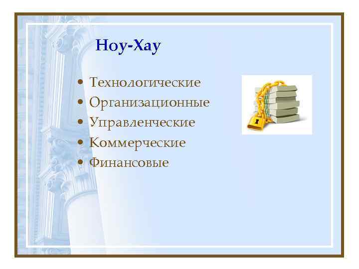   Ноу-Хау  •  Технологические •  Организационные •  Управленческие •