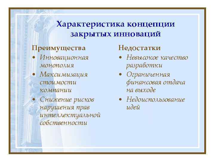  Характеристика концепции   закрытых инноваций Преимущества   Недостатки • Инновационная 