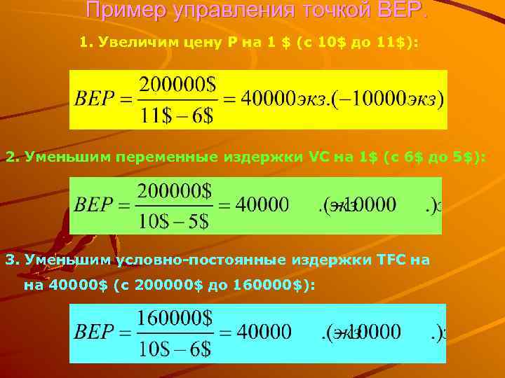  Пример управления точкой ВЕР.   1. Увеличим цену Р на 1