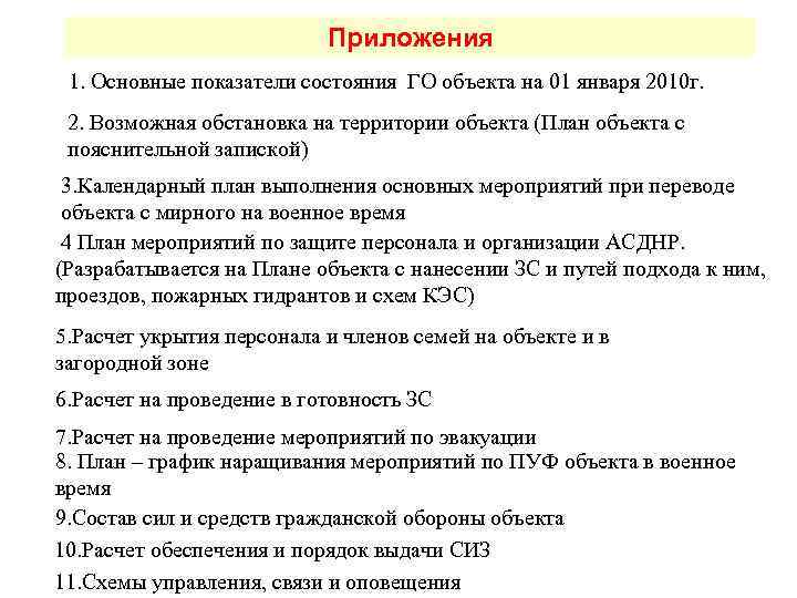       Приложения 1. Основные показатели состояния ГО объекта на