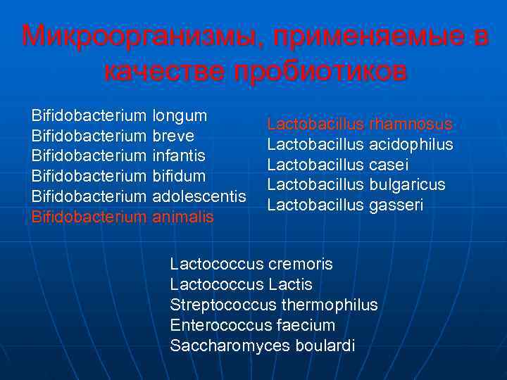 Микроорганизмы, применяемые в качестве пробиотиков Bifidobacterium longum      Lactobacillus rhamnosus