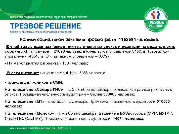   Ролики социальной рекламы просмотрели 1162694 человека: -В учебных заведениях (школьники на открытых