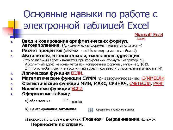   Основные навыки по работе с   электронной таблицей Excel  