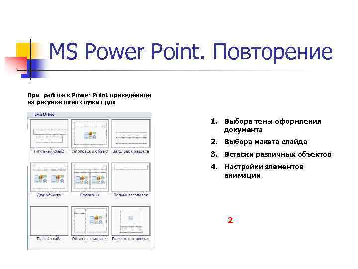  MS Power Point. Повторение При работе в Power Point приведенное на рисунке окно