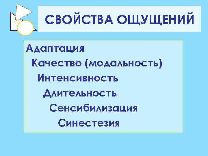   СВОЙСТВА ОЩУЩЕНИЙ Адаптация Качество (модальность)  Интенсивность  Длительность Сенсибилизация Синестезия 