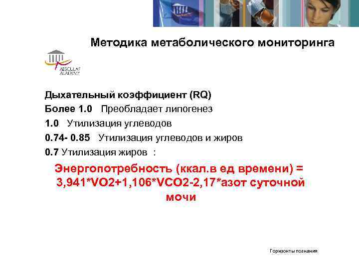   Методика метаболического мониторинга  Дыхательный коэффициент (RQ) Более 1. 0 Преобладает липогенез