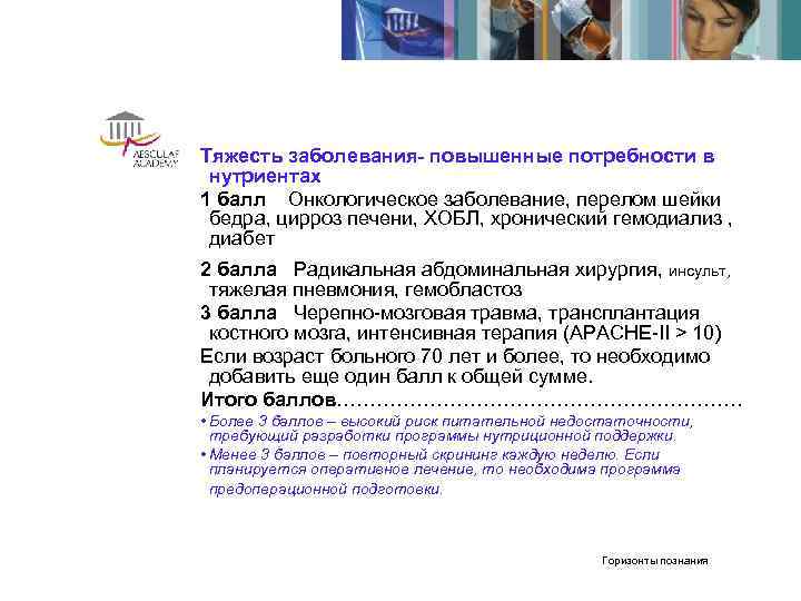 Тяжесть заболевания- повышенные потребности в нутриентах 1 балл Онкологическое заболевание, перелом шейки бедра, цирроз