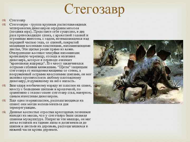 Стегозавры - группа крупных растительноядных четвероногих динозавров Стегозавры - группа крупных растительноядных четвероногих динозавров
