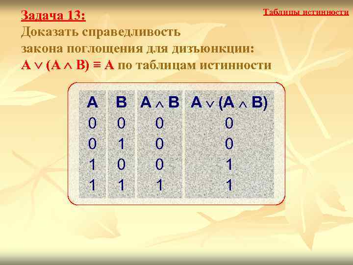        Таблицы истинности Задача 13: Доказать справедливость закона