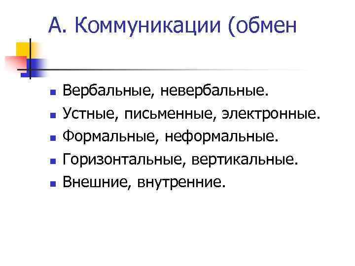 А. Коммуникации (обмен Вербальные, невербальные. Устные, письменные, электронные. Формальные, неформальные. Горизонтальные, вертикальные. Внешние, внутренние.