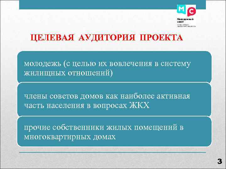  ЦЕЛЕВАЯ АУДИТОРИЯ ПРОЕКТА молодежь (с целью их вовлечения в систему жилищных отношений) члены