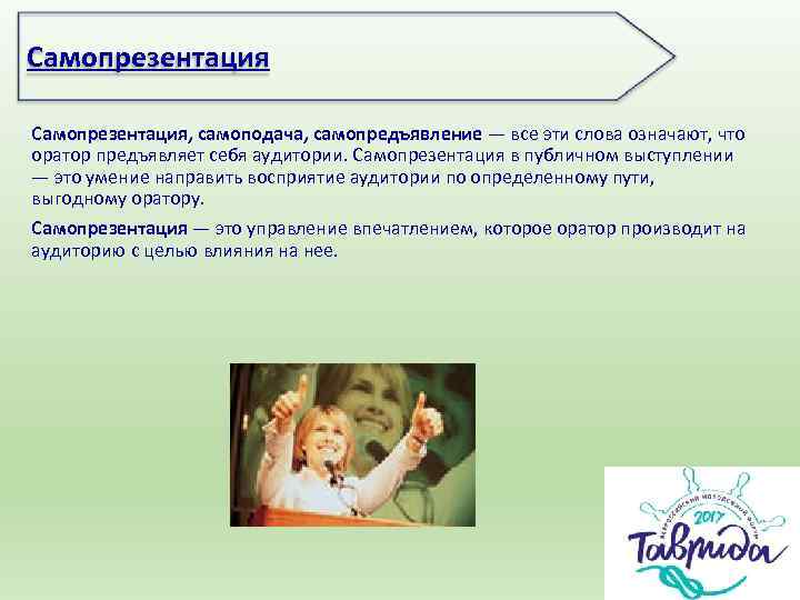 Самопрезентация, самоподача, самопредъявление — все эти слова означают, что оратор предъявляет себя аудитории. Самопрезентация