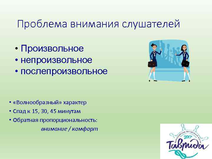  Проблема внимания слушателей  • Произвольное  • непроизвольное  • послепроизвольное 