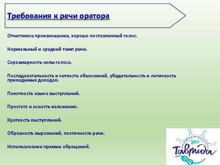 Требования к речи оратора Отчетливое произношение, хорошо поставленный голос. Нормальный и средний темп речи.