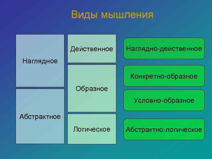    Виды мышления   Действенное  Наглядно-действенное Наглядное   
