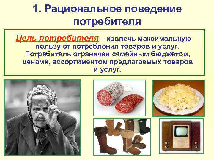   1. Рациональное поведение  потребителя Цель потребителя – извлечь максимальную пользу от