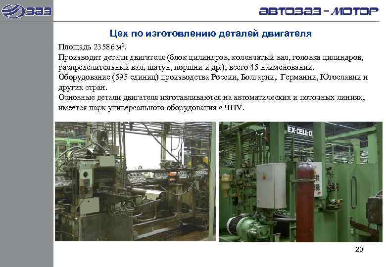    Цех по изготовлению деталей двигателя Площадь 23586 м 2. Производит детали