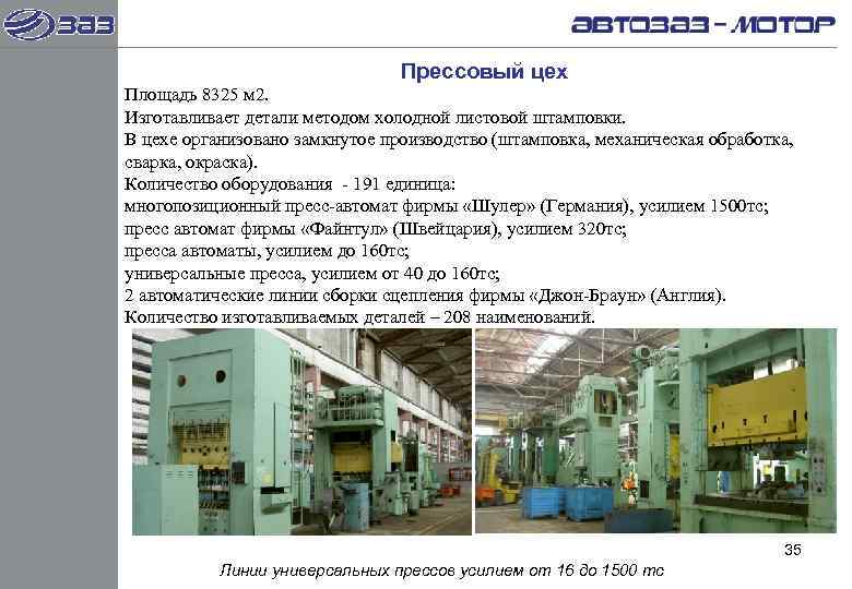       Прессовый цех Площадь 8325 м 2. Изготавливает детали