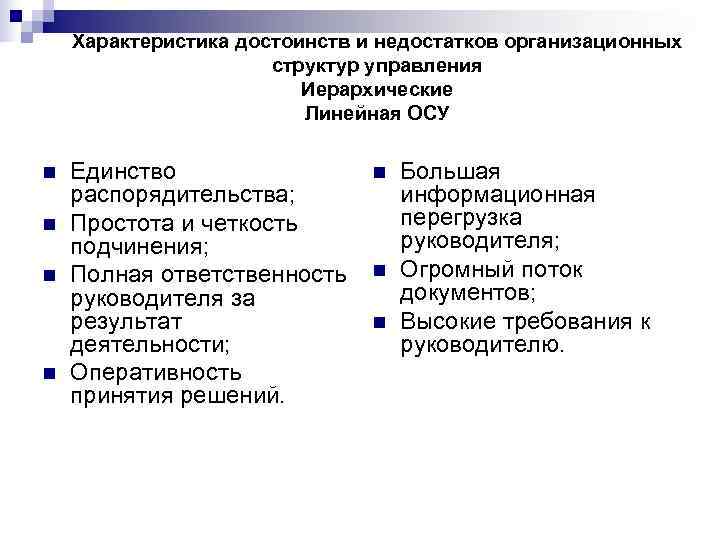   Характеристика достоинств и недостатков организационных    структур управления  