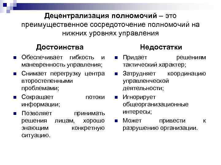    Децентрализация полномочий – это преимущественное сосредоточение полномочий на   