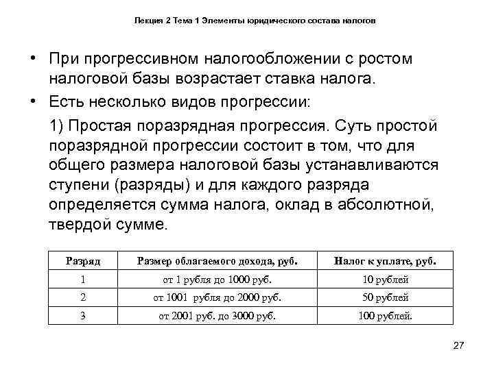   Лекция 2 Тема 1 Элементы юридического состава налогов • При прогрессивном