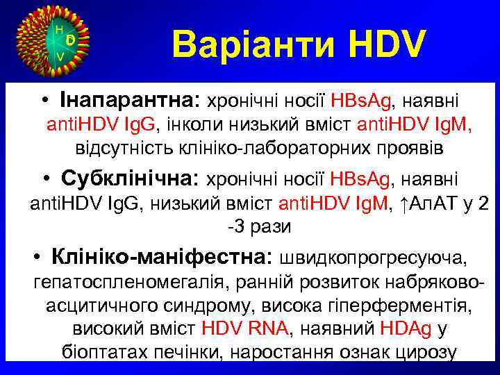   D    Варіанти HDV  • Інапарантна: хронічні носії HBs.