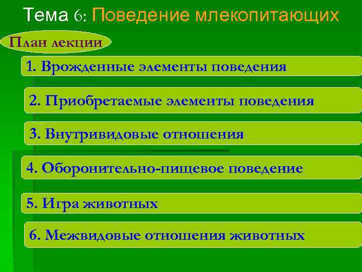  Тема 6: Поведение млекопитающих План лекции  1. Врожденные элементы поведения  2.