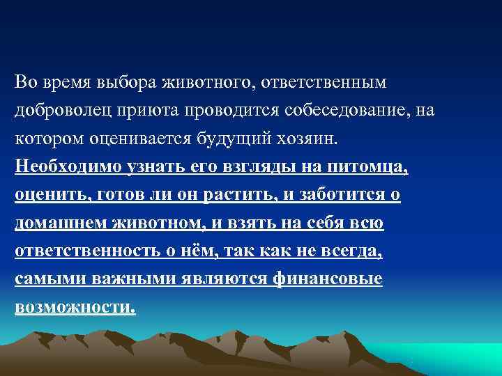 Во время выбора животного, ответственным доброволец приюта проводится собеседование, на котором оценивается будущий хозяин.