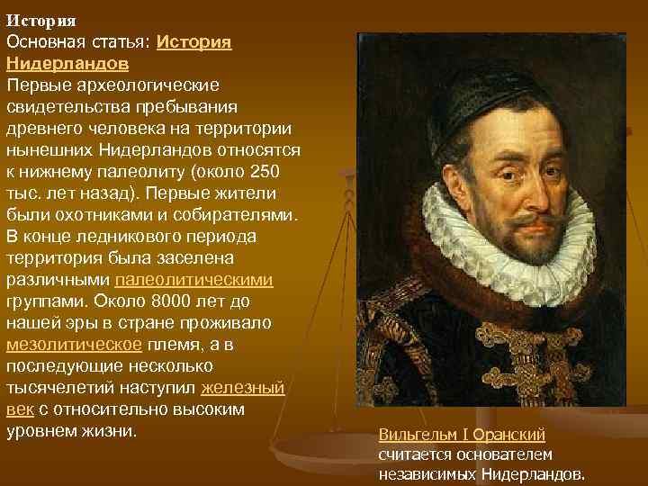 История Основная статья: История Нидерландов Первые археологические свидетельства пребывания древнего человека на территории нынешних