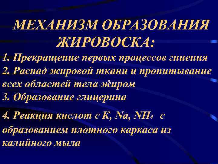  МЕХАНИЗМ ОБРАЗОВАНИЯ  ЖИРОВОСКА: 1. Прекращение первых процессов гниения 2. Распад жировой ткани