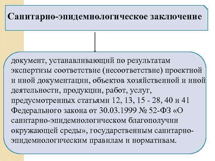 Санитарно-эпидемиологическое заключение  документ, устанавливающий по результатам экспертизы соответствие (несоответствие) проектной и иной документации,