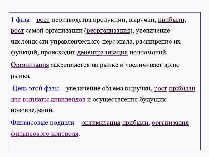 1 фаза – рост производства продукции, выручки, прибыли, рост самой организации (реорганизация), увеличение 1 фаза – рост производства продукции, выручки, прибыли, рост самой организации (реорганизация), увеличение