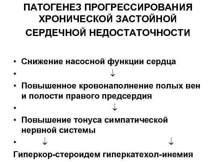  ПАТОГЕНЕЗ ПРОГРЕССИРОВАНИЯ ХРОНИЧЕСКОЙ ЗАСТОЙНОЙ  СЕРДЕЧНОЙ НЕДОСТАТОЧНОСТИ  • Снижение насосной функции сердца