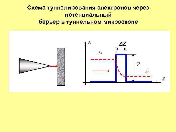 Схема туннелирования электронов через  потенциальный  барьер в туннельном микроскопе 