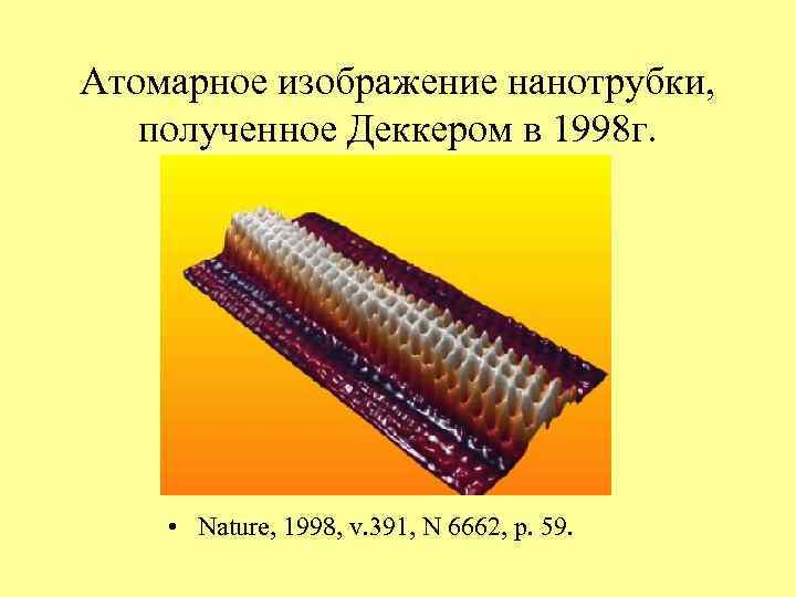 Атомарное изображение нанотрубки, полученное Деккером в 1998 г.  • Nature, 1998, v. 391,
