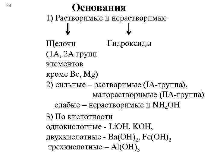 34  Основания 1) Растворимые и нерастворимые  Щелочи  Гидроксиды (1 А, 2