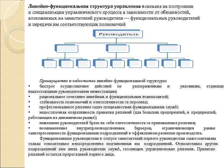 Линейно-функциональная структура управления основана на построении и специализации управленческого процесса в зависимости от обязанностей,
