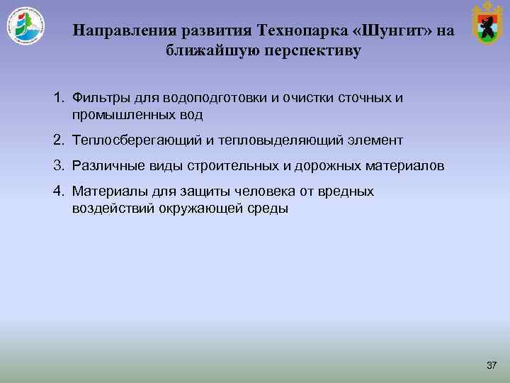 Направления развития Технопарка «Шунгит» на ближайшую перспективу 1. Фильтры для водоподготовки Направления развития Технопарка «Шунгит» на ближайшую перспективу 1. Фильтры для водоподготовки