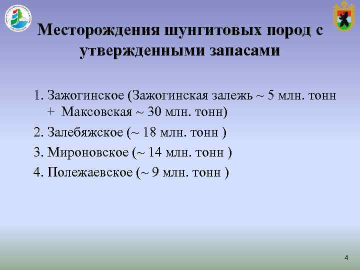 Месторождения шунгитовых пород с утвержденными запасами 1. Зажогинское (Зажогинская залежь ~ 5 млн. тонн Месторождения шунгитовых пород с утвержденными запасами 1. Зажогинское (Зажогинская залежь ~ 5 млн. тонн