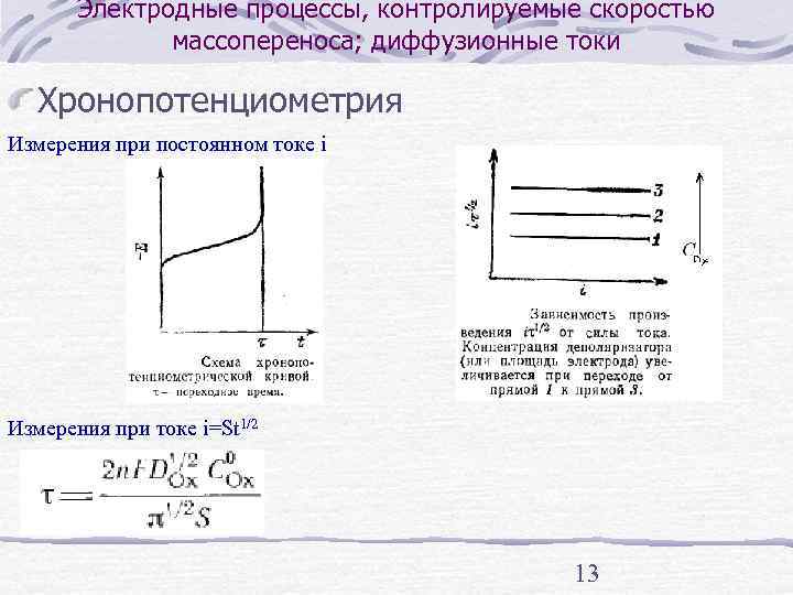   Электродные процессы, контролируемые скоростью    массопереноса; диффузионные токи Хронопотенциометрия Измерения