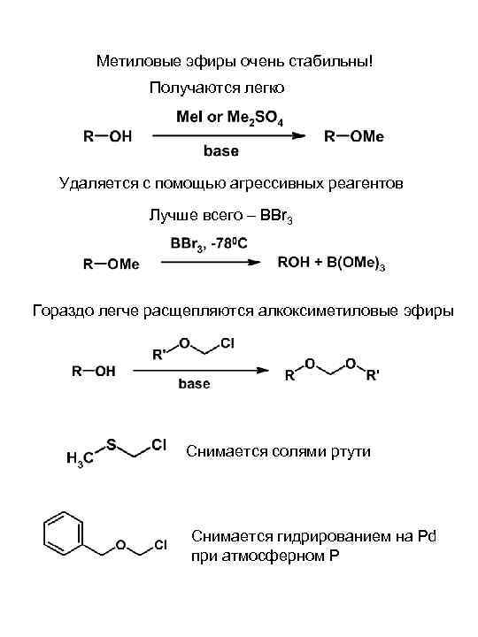   Метиловые эфиры очень стабильны!   Получаются легко  Удаляется с помощью