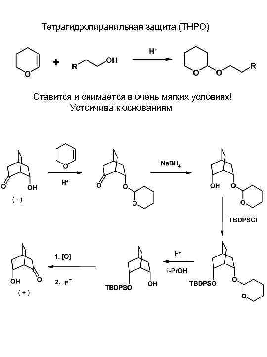  Тетрагидропиранильная защита (ТНРО) Ставится и снимается в очень мягких условиях!   Устойчива