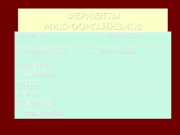   ФЕРМЕНТЫ   МИКРООРГАНИЗМОВ ГИДРОЛАЗЫ   АДАПТИВНЫЕ  ОКСИДОРЕДУКТАЗЫ  КОНСТИТУТИВНЫЕ