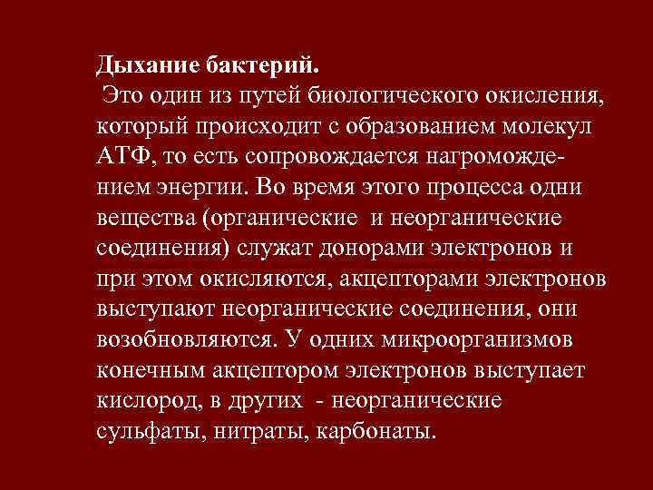 Дыхание бактерий.  Это один из путей биологического окисления, который происходит с образованием молекул