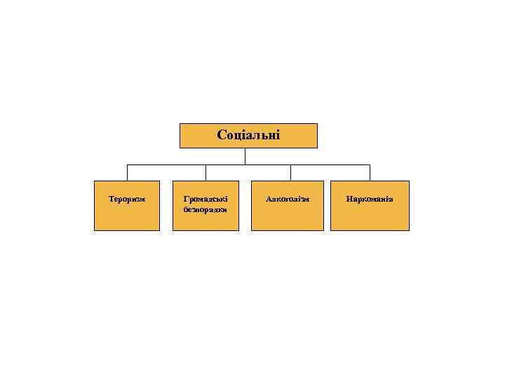    Соціальні  Тероризм  Громадські  Алкоголізм  Наркоманія  безпорядки