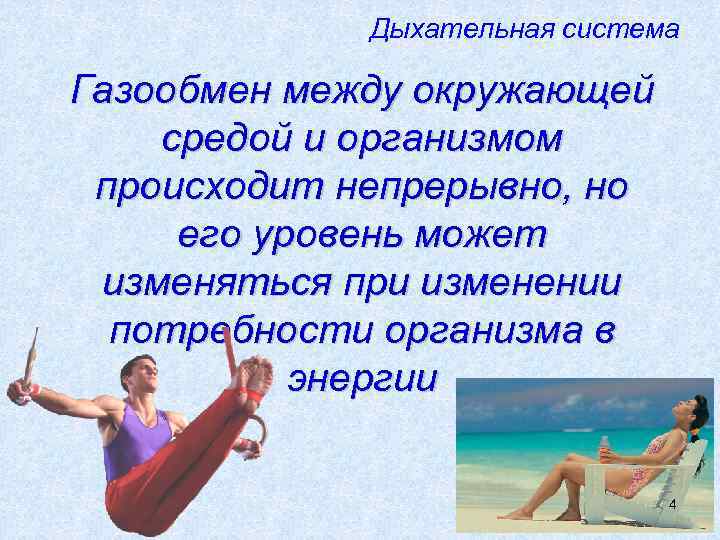    Дыхательная система Газообмен между окружающей средой и организмом происходит непрерывно, но