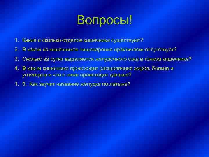     Вопросы! 1. Какие и сколько отделов кишечника существуют? 2. В