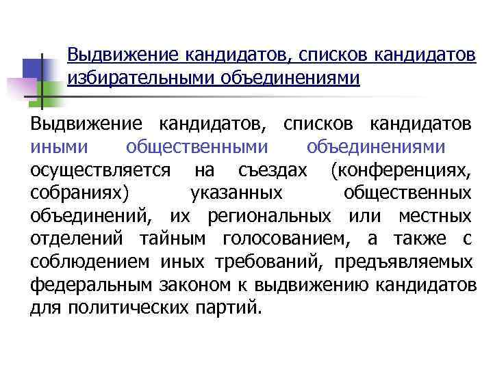   Выдвижение кандидатов, списков кандидатов избирательными объединениями Выдвижение кандидатов,  списков кандидатов иными