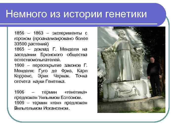 Немного из истории генетики 1856 – 1863 – эксперименты с  горохом (проанализировано более