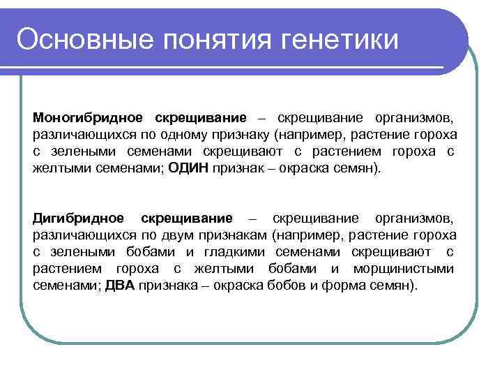 Основные понятия генетики  Моногибридное скрещивание – скрещивание организмов,  различающихся по одному признаку